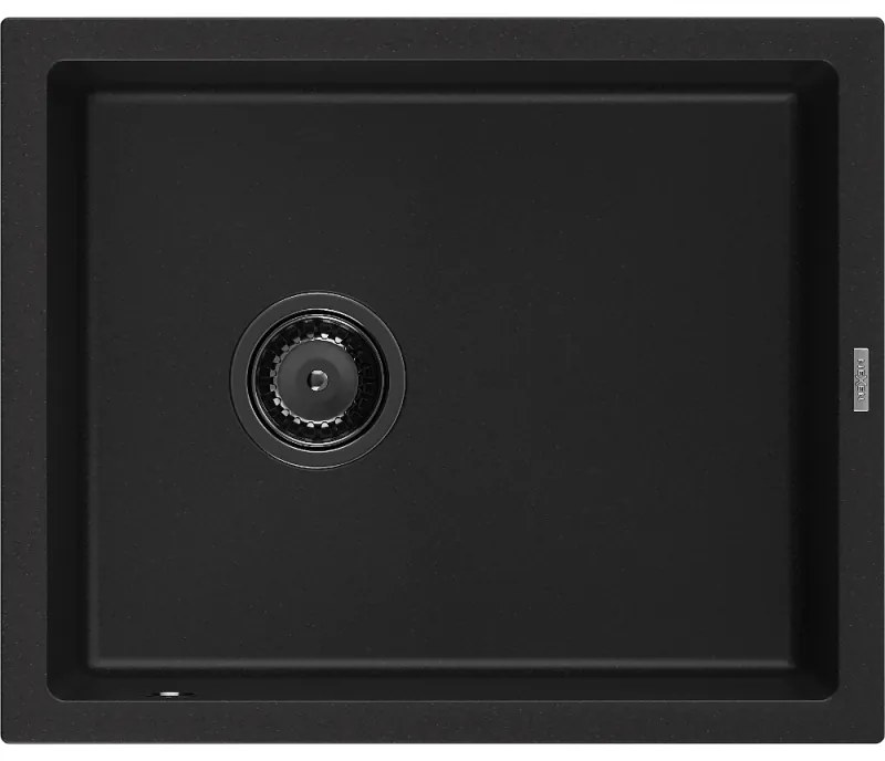 Mexen Pedro, granitový drez 560x460x200 mm, 1-komorový, čierna s čiernym sifónom, 6508561000-77-B