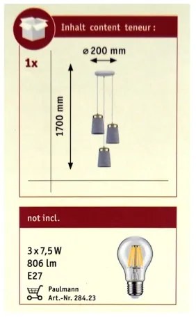 Paulmann 79627 - Luster na lanku NORELL 3xE27/20W/230V betón