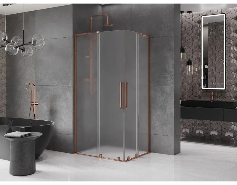 Mexen Velar L Duo, sprchový kút s posuvnými dverami 90 x 80 cm, 8mm sklo námraza, ružové zlato, 871-090-080-02-33-60