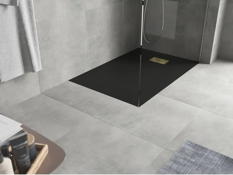 Mexen Hugo, obdĺžniková sprchová vanička SMC 100 x 80 cm, čierna, zlatá krytka, 42708010-G