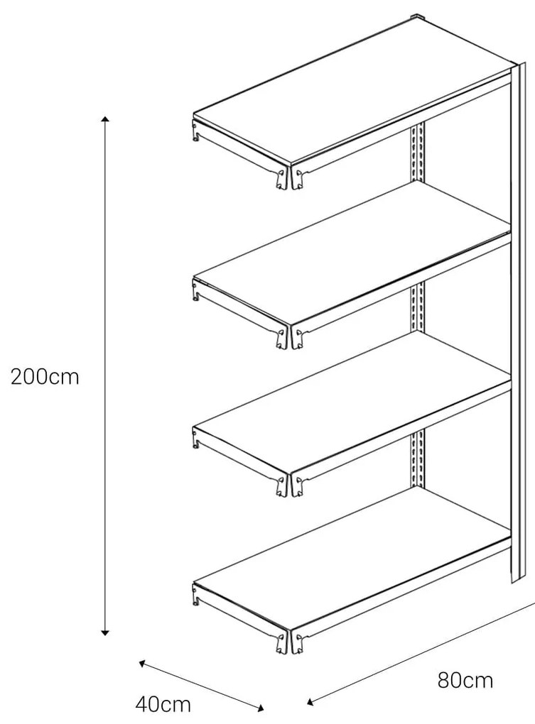 Bezskrutkový kovový regál prídavný modul 200x80x40cm T profil, 4 police