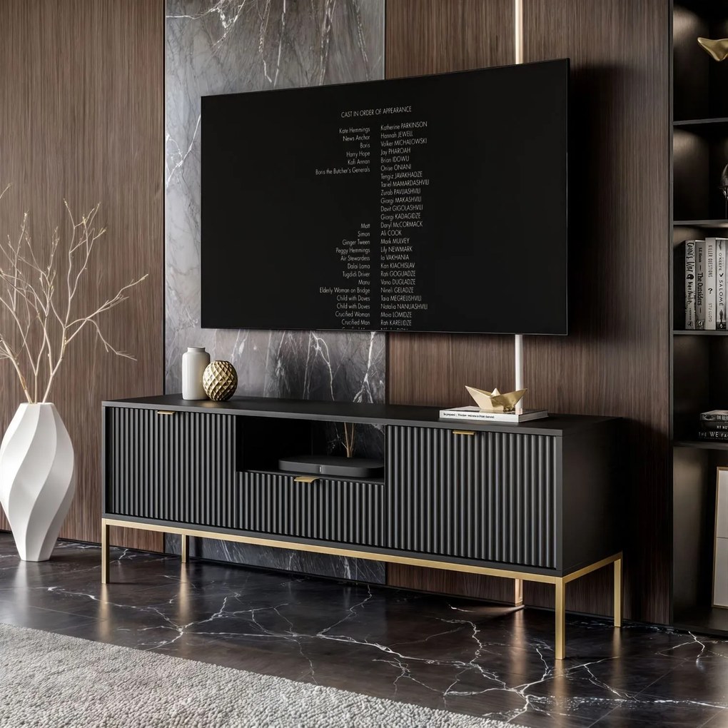 TV stolík CORA čierna matná + zlatá podnož
