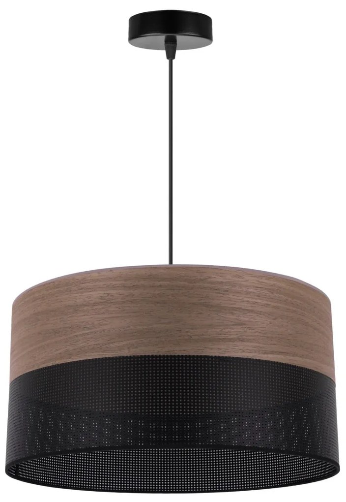 Závesné svietidlo Wood, 1x hnedá orechová dýha/čierne PVC tienidlo, (fi 40cm)