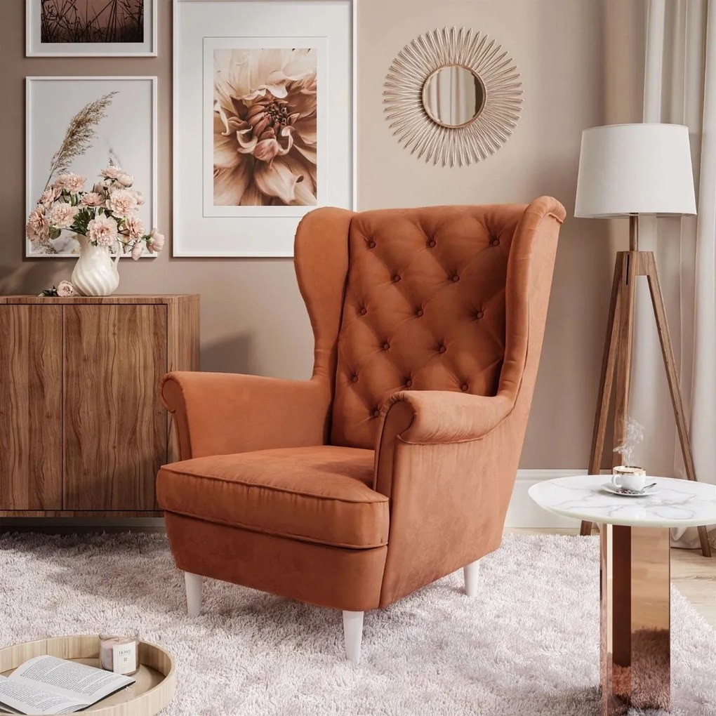 KRESLO UŠIAK BRUNO CHESTERFIELD BIELE ROVNÉ NOHY