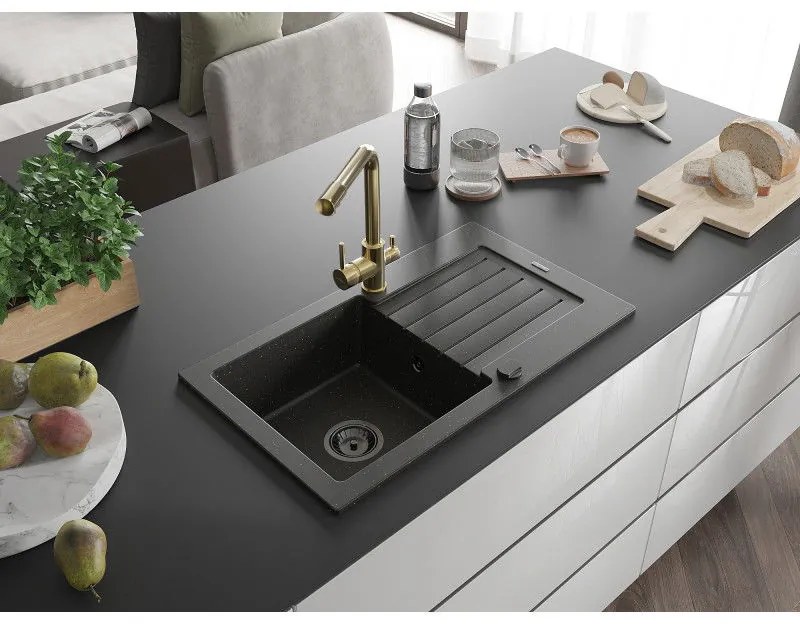 Mexen Pablo, granitový drez 752x436x161 mm, 1-komorový a zlatá batéria Duero, čierna - zlatá metalíza, 6510-75-671600-50-B