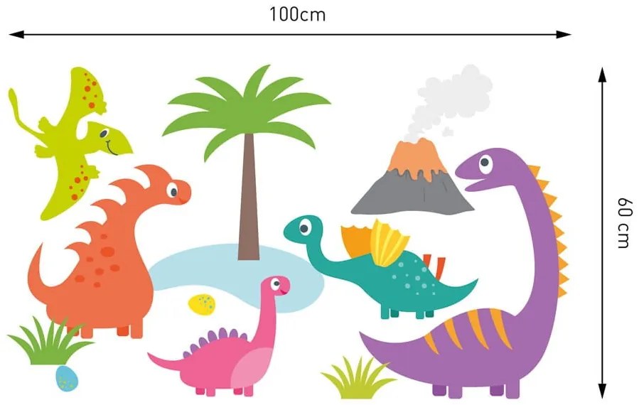 Detská nálepka s motívom roztomilých farebných dinosaurov 100 x 60 cm