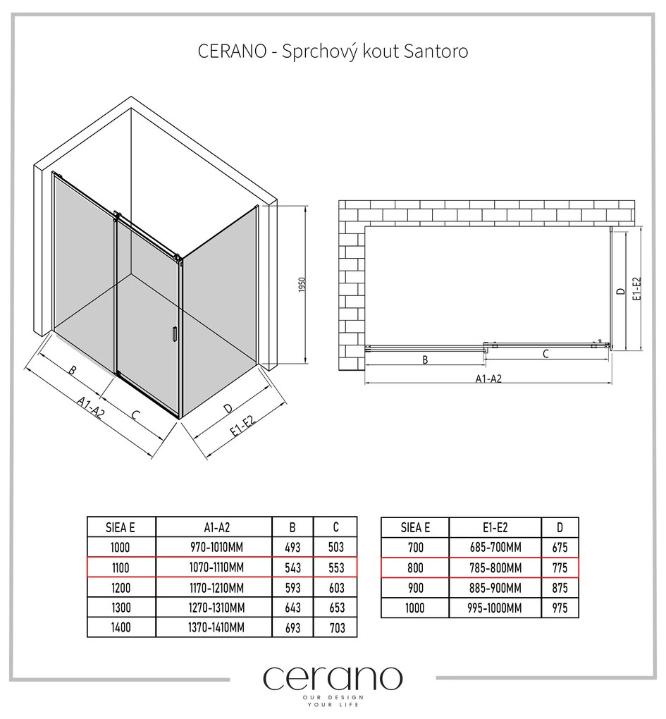 Cerano Santoro, sprchovací kút s posuvnými dverami 110(dvere) x 80(stena) x 195 cm, 6mm číre sklo, chrómový profil, CER-CER-425113