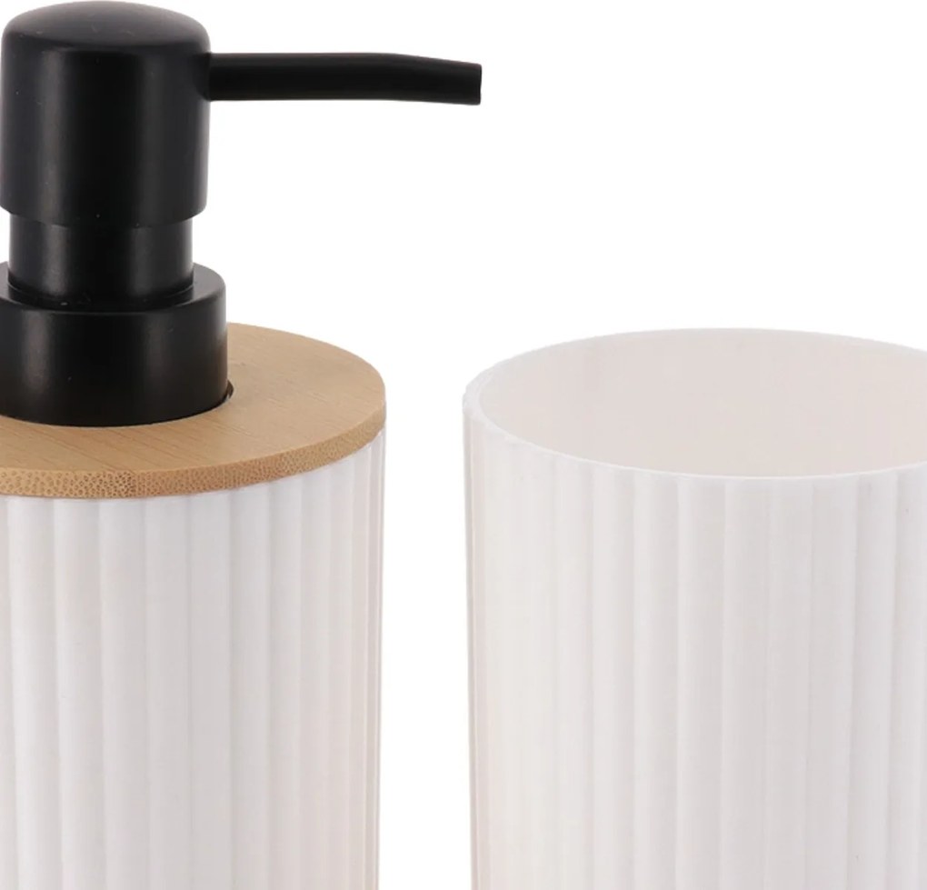 Sada kúpeľňových doplnkov Orin, biela/s čiernymi a drevenými prvkami