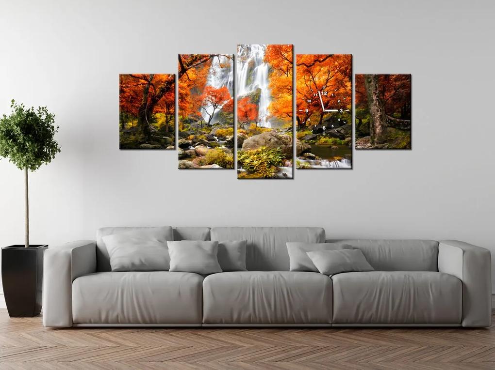 Gario Obraz s hodinami Jesenný vodopád - 5 dielny Rozmery: 150 x 105 cm