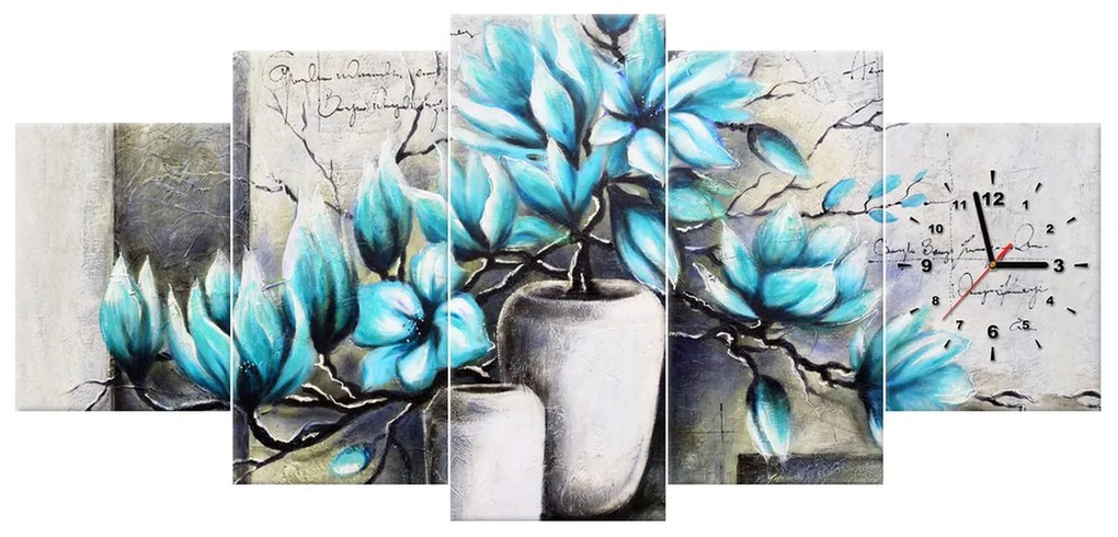 Gario Obraz s hodinami Modré magnólie vo vázach - 5 dielny Rozmery: 150 x 105 cm