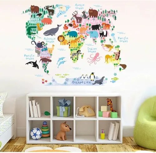 Samolepiaca dekorácia Detská mapa sveta zvieratká, 90 x 70 cm
