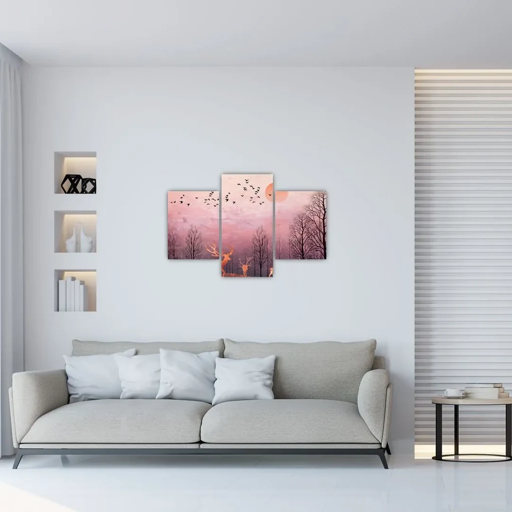 Obraz - Jelene v žiare zapadajúceho slnka (90x60 cm)