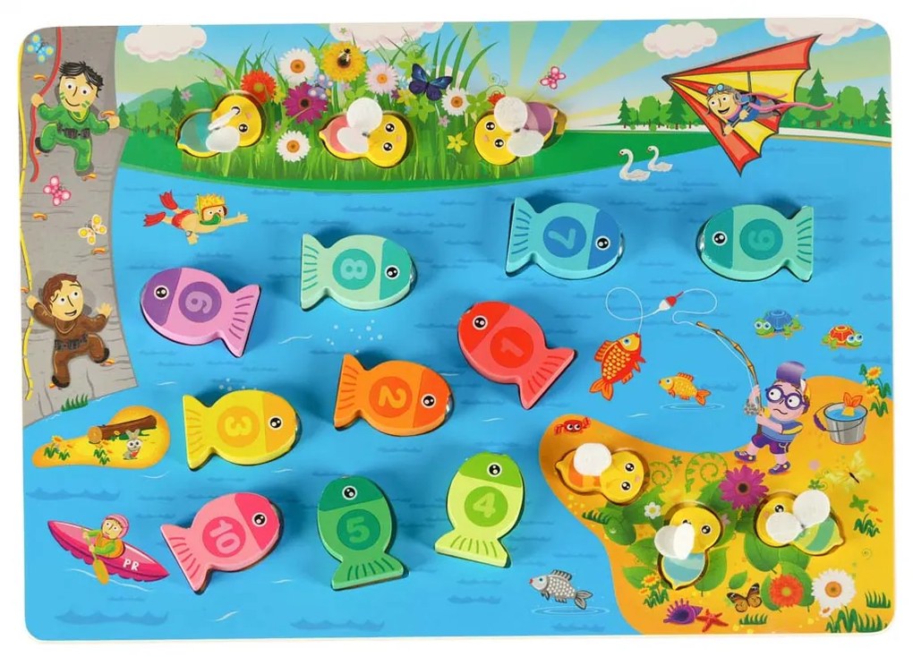 KIK Drevené Montessori puzzle 3v1 – magnetický rybolov, triedenie a počítanie