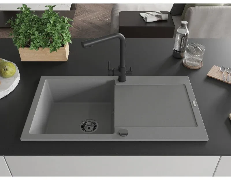 Mexen Leo, drez granitový 900x500x190 mm, 1-komorový a čierna batéria Duero, šedá, 6501-71-671600-70-B