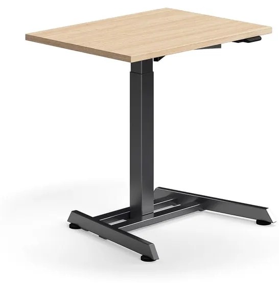 Výškovo nastaviteľný stôl QBUS, s centrálnou nohou, 800x600 mm, čierny rám, dub
