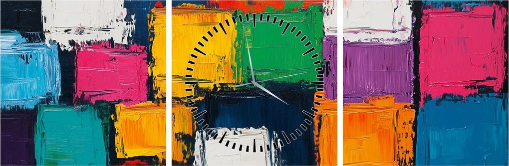 Obraz - Maľba farebných štvorcov (s hodinami) (90x30 cm)