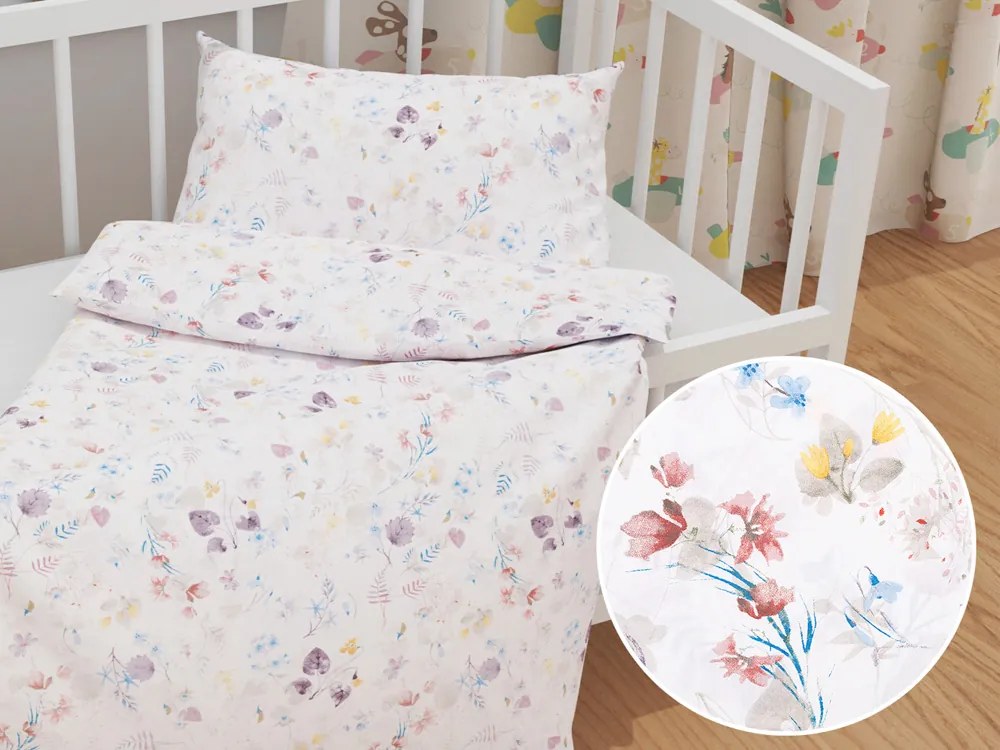 Biante Detské bavlnené posteľné obliečky do postieľky Sandra SA-290 Farebné lučne kvety na bielom Do postieľky 100x135 a 40x60 cm