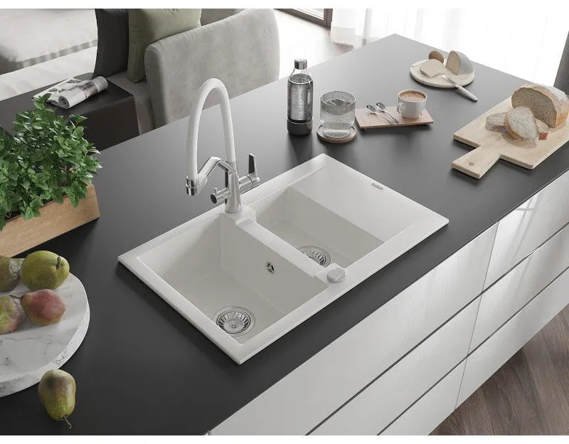 Mexen Gaspar, granitový drez 737x475x177 mm, 1,5-komorový a drezová batéria Duo, biela, 6507-20-671701-02