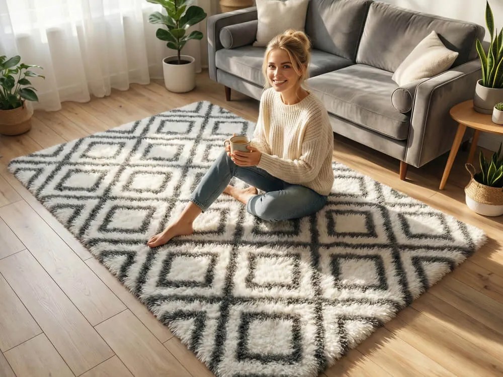 TZ Biely vzorovaný koberec shaggy Decor Cube Rozmer: 160x220 cm