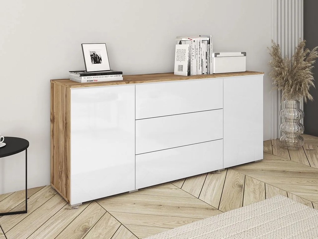 Komoda Sawoti 150, Farby: biela / biely lesk, Osvetlenie: osvetlenie LED biele