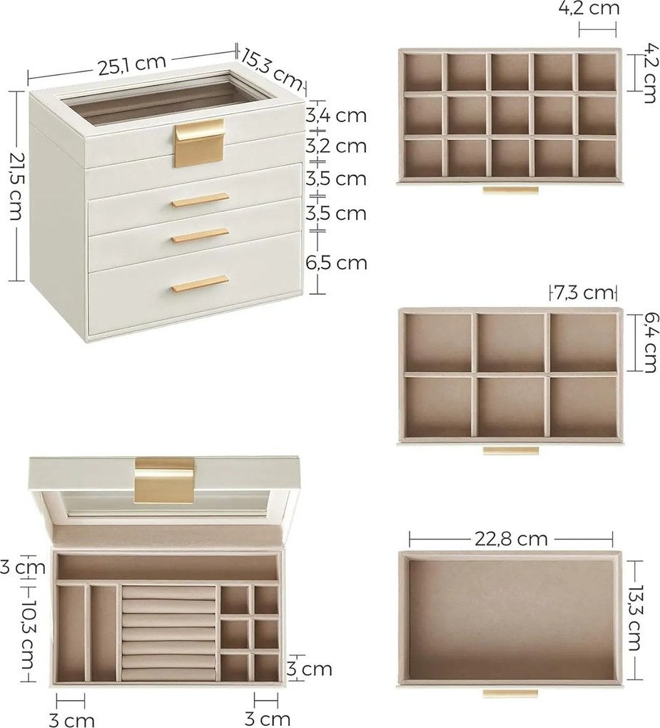 Šperkovnica 4-úrovňová, so skleneným vekom a 3 zásuvkami, biela a zlatá