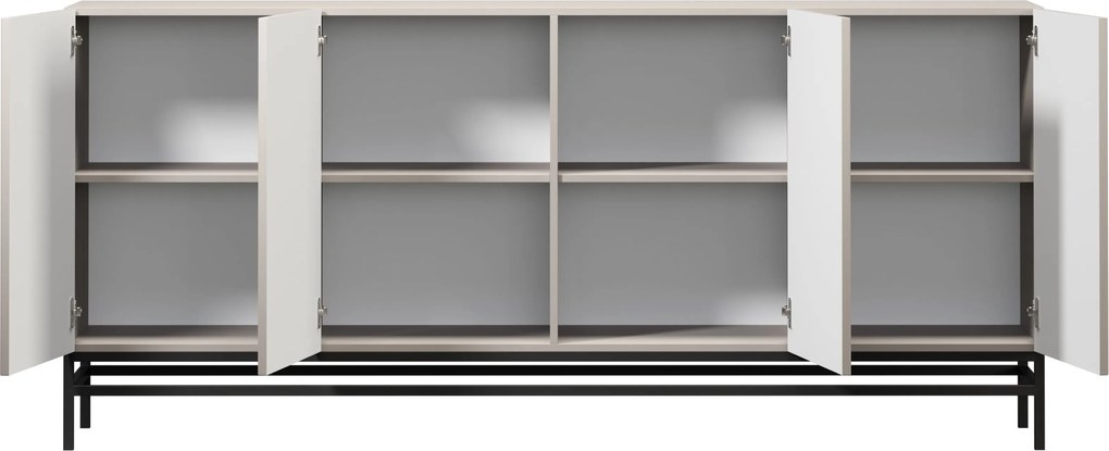 Komoda Lorini 200 cm štvor­dverová - kašmír / čierne úchytky T-bar / kovové nohy
