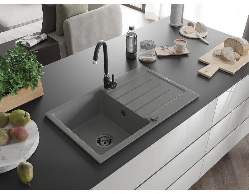 Mexen Bruno, 1-komorový granitový drez s odkvapkávačom 795x495x200 mm a čierna kuchynská batéria Telma, šedá, 6513-71-670200-70-B