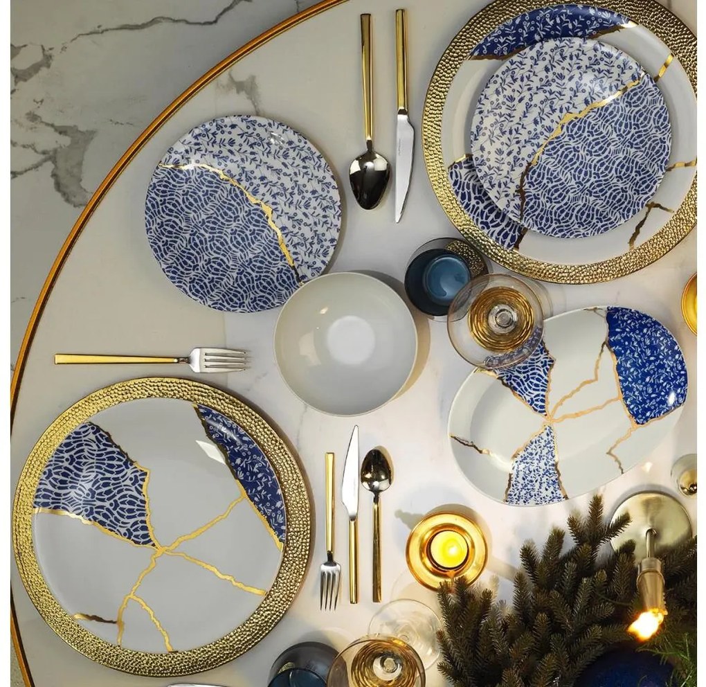Jedálenská sada 28 ks biela/zlatá/modrá/porcelán