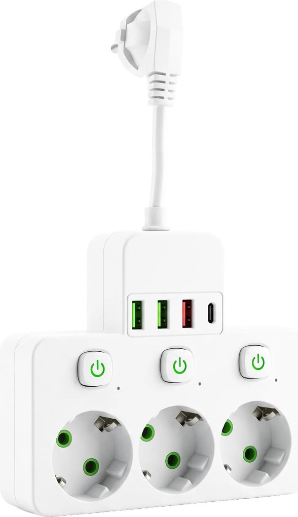 Toolight Toolight, JNH018, zásuvkový rozbočovač 3 zásuvky + 3× USB-A + USB-C s LED svetlom, biela, OSW-56306