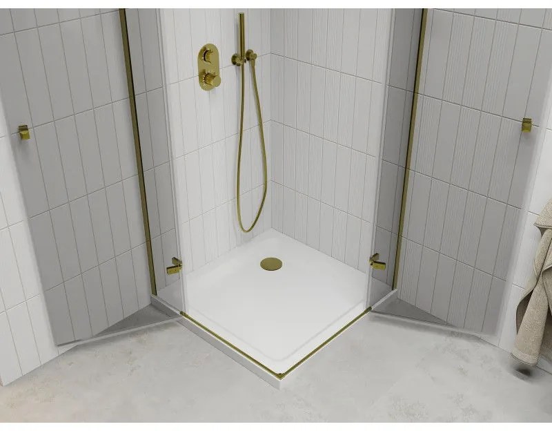 Mexen Roma Duo, sprchový kút 90 (dvere) x 90 (dvere) cm, 6mm číre sklo, zlatý profil + slim sprchová vanička 5cm biela + zlatý sifón, 854-090-090-50-02-4010G