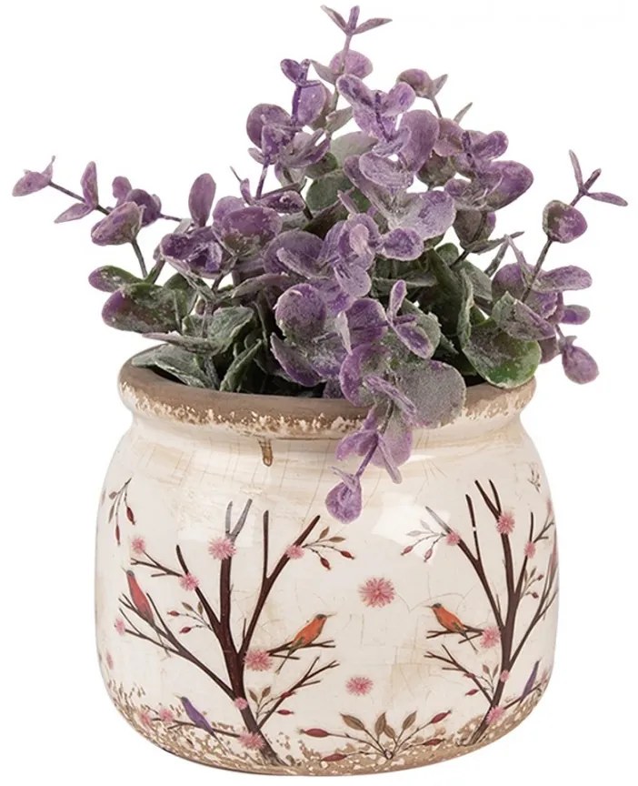 Béžový keramický obal na kvetináč s kvetmi a vtáčikmi Birdie S - Ø 12*10 cm