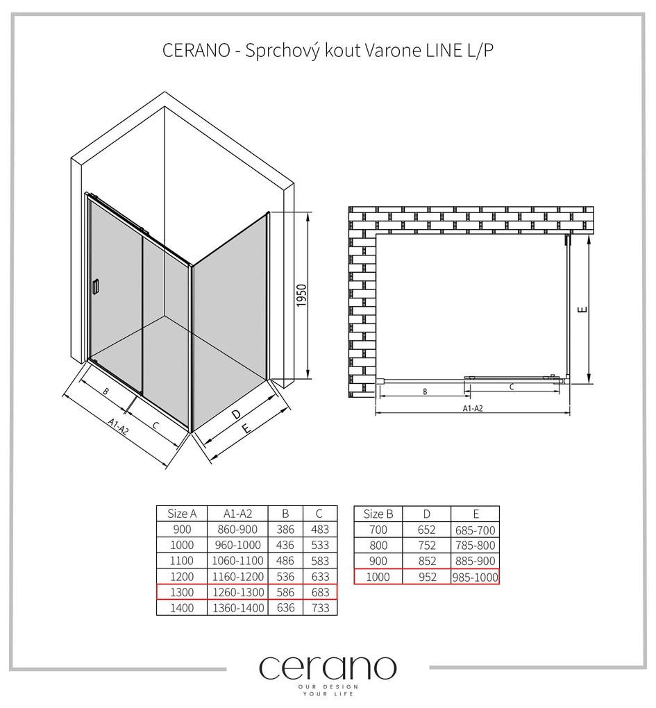 CERANO - Sprchovací kút Varone LINE Ľ/P - chróm, transparentné sklo - 130x100 cm - posuvný, CER-CER-DY505-90-199