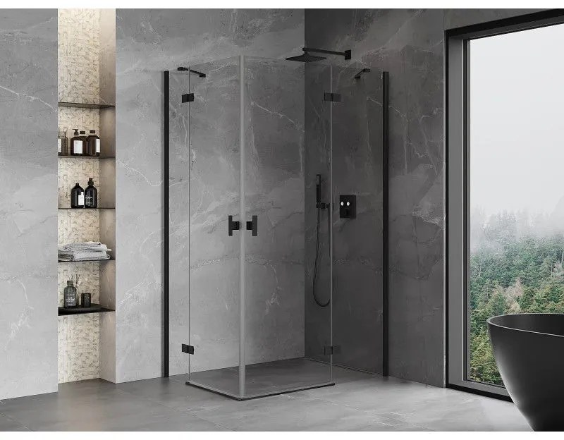 Mexen Mist-H Duo, 2-krídlový výklopný sprchový kút 95 x 105 cm, číre sklo, čierny profil, 8A5-095L-105P-70-00