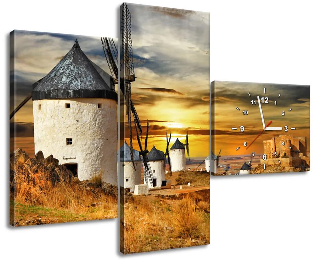 Gario Obraz s hodinami Veterné mlyny v Španielsku - 3 dielny Veľkosť: 100 x 70 cm