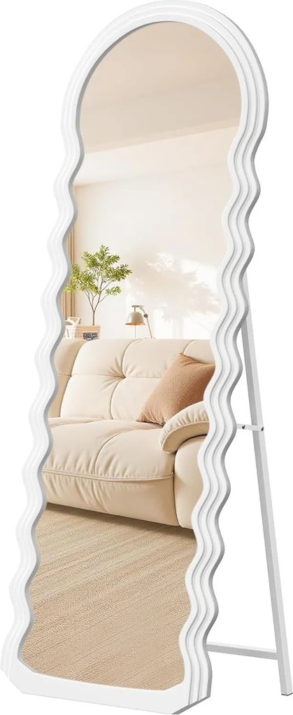 SONGMICS stojanové zrkadlo, vlnité podlahové zrkadlo so stojanom, 160 x 50 cm, biele