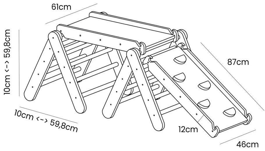 Sivý/v prírodnej farbe pikler trojuholník z borovicového dreva 265x61x60 cm Montessori – Meowbaby