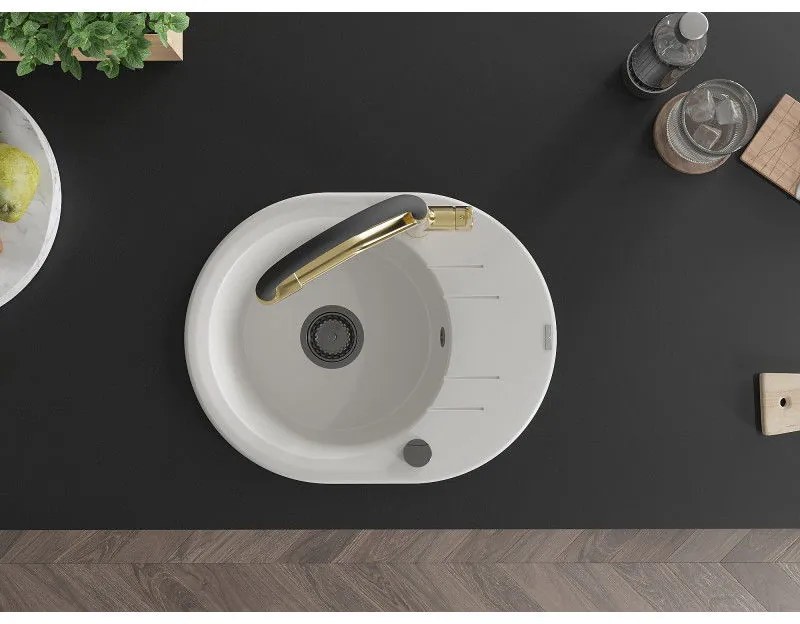 Mexen Kevin, granitový drez 586x458x190 mm, 1-komorový a biela batéria Duo, biela, 6517-20-671701-57-B
