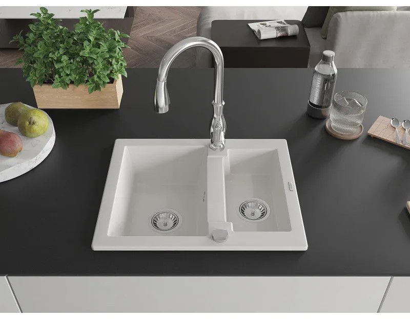 Mexen Carlos, 1,5-komorový granitový drez 582x475x177 mm a drezová batéria Savita, biela, 6518-20-672601-00
