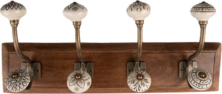 Nástenný vešiak s drevenou doskou a keramickými maľovanými knopkami - 45*11*17 cm