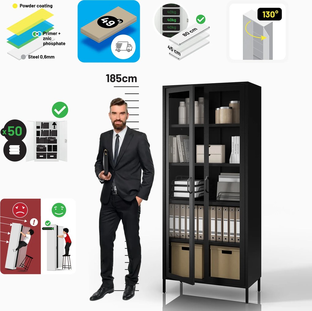 Sklenená vitrína ANGELO do obývačky – kovová, čierna, 800 x 1850 x 450 mm