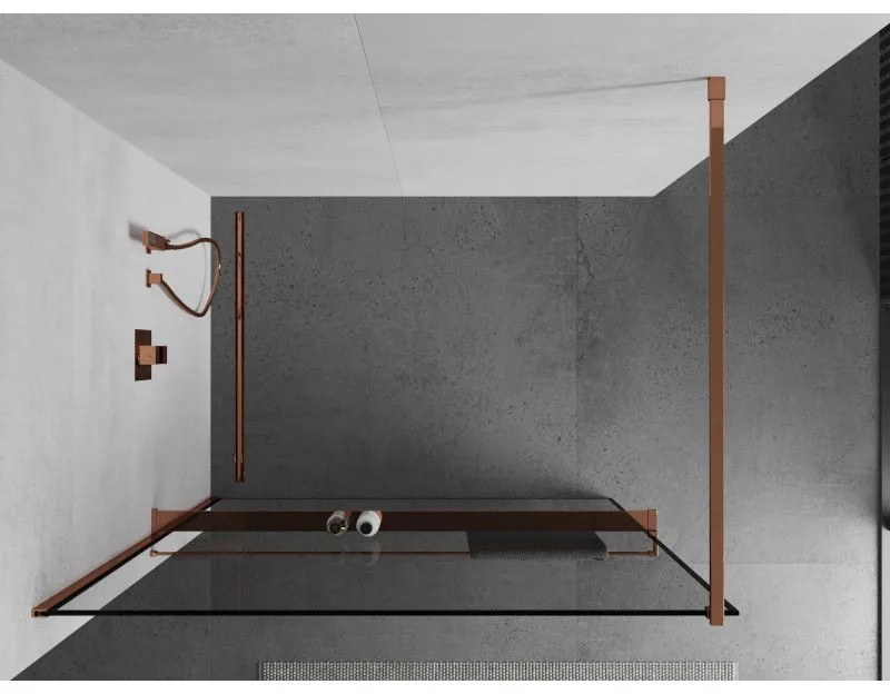 Mexen Kioto, sprchová zástena s poličkou a držiakom na uteráky 100 x 200 cm, 8mm číre sklo s čiernym rámom, profil ružové zlato, 800-100-121-60-70