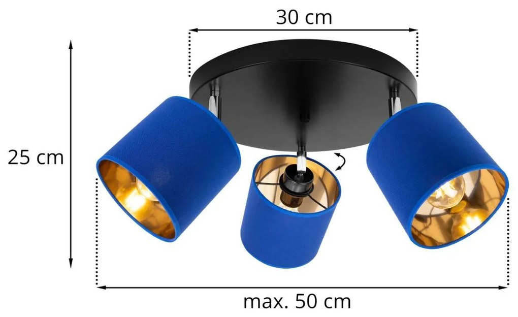 Stropné svietidlo GAMA, 3x modré textilné tienidlo, (možnosť polohovania), O