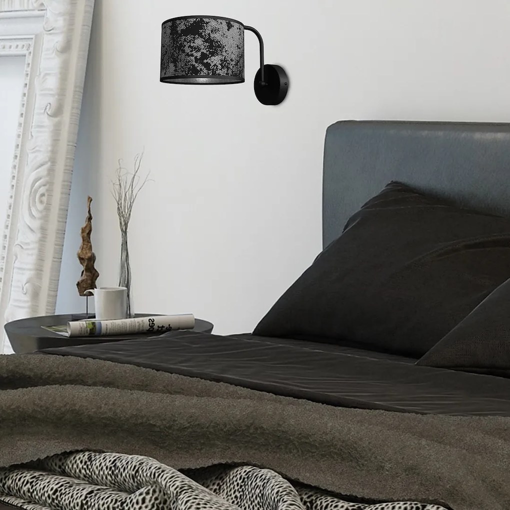 Nástenné svietidlo Satino Round, 1x čierne/strieborné textilné tienidlo, b
