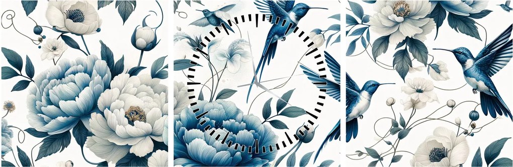 Obraz - Kolibríky s kvetmi (s hodinami) (90x30 cm)