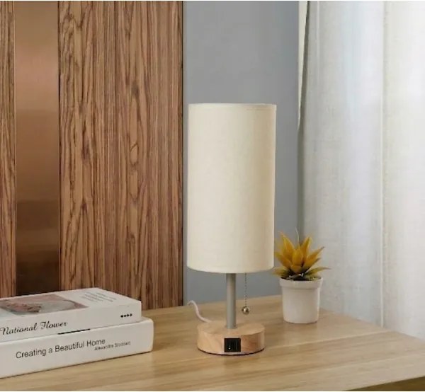 BRILAGI - Stolová lampa s USB portom TABLON 1xE27/25W/230V dub/béžová/krémová