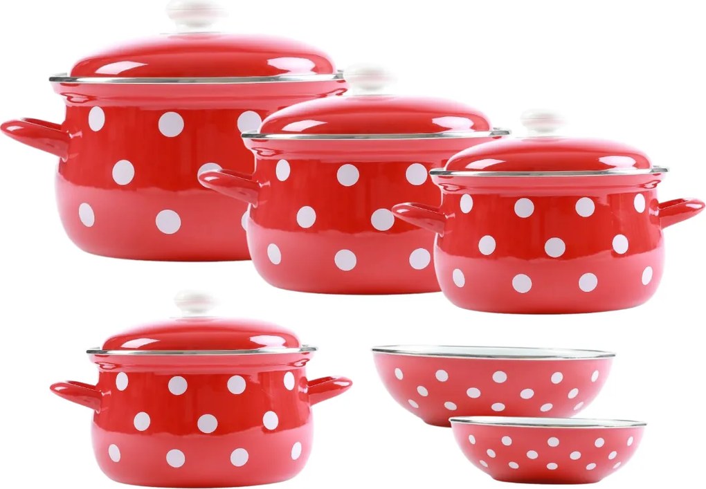 BELIS súprava smaltovaných hrncov červených s bielymi bodkami, 10 ks
