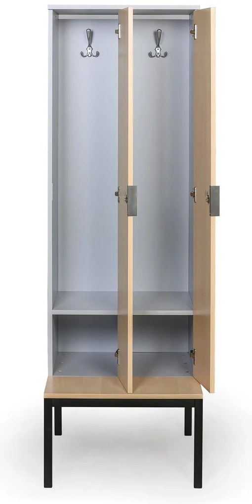 Drevená šatníková skrinka S4 s lavičkou, 4 oddiely, 1871 x 1200 x 500/800 mm, demont, mechanický kódový zámok, sivá/zelená