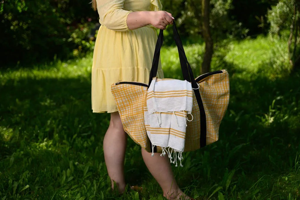 Štýlový set plážovej tašky + osušky HAMAM 75x150 cm, okrovo žltý