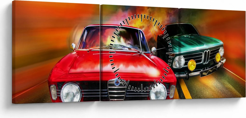Obraz - Retro závodné autá (s hodinami) (90x30 cm)
