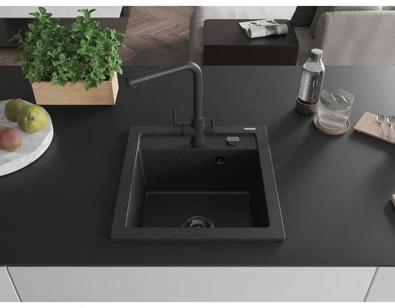 Mexen Vito, 1-komorový granitový drez 520x490x210 mm, čierna matná batéria Duero, čierna - strieborná metalíza, 6503-73-671600-70-B